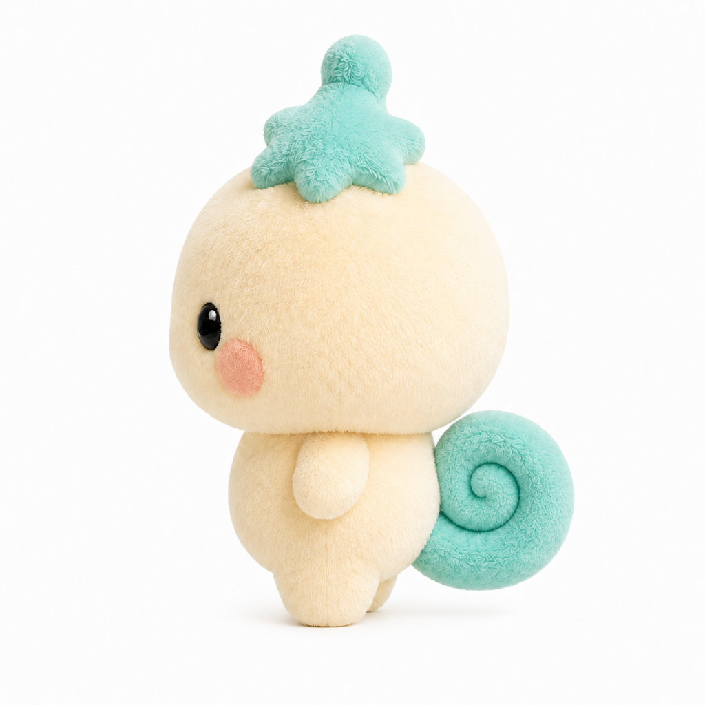 Side view of Mochi showing the mint star sprout and curled tail